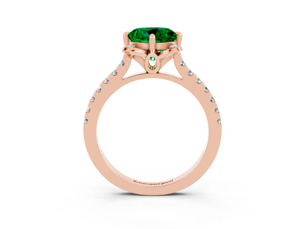 Rose gold Round Cut Emerald Ring with Pavé Band and Floral Prong Setting