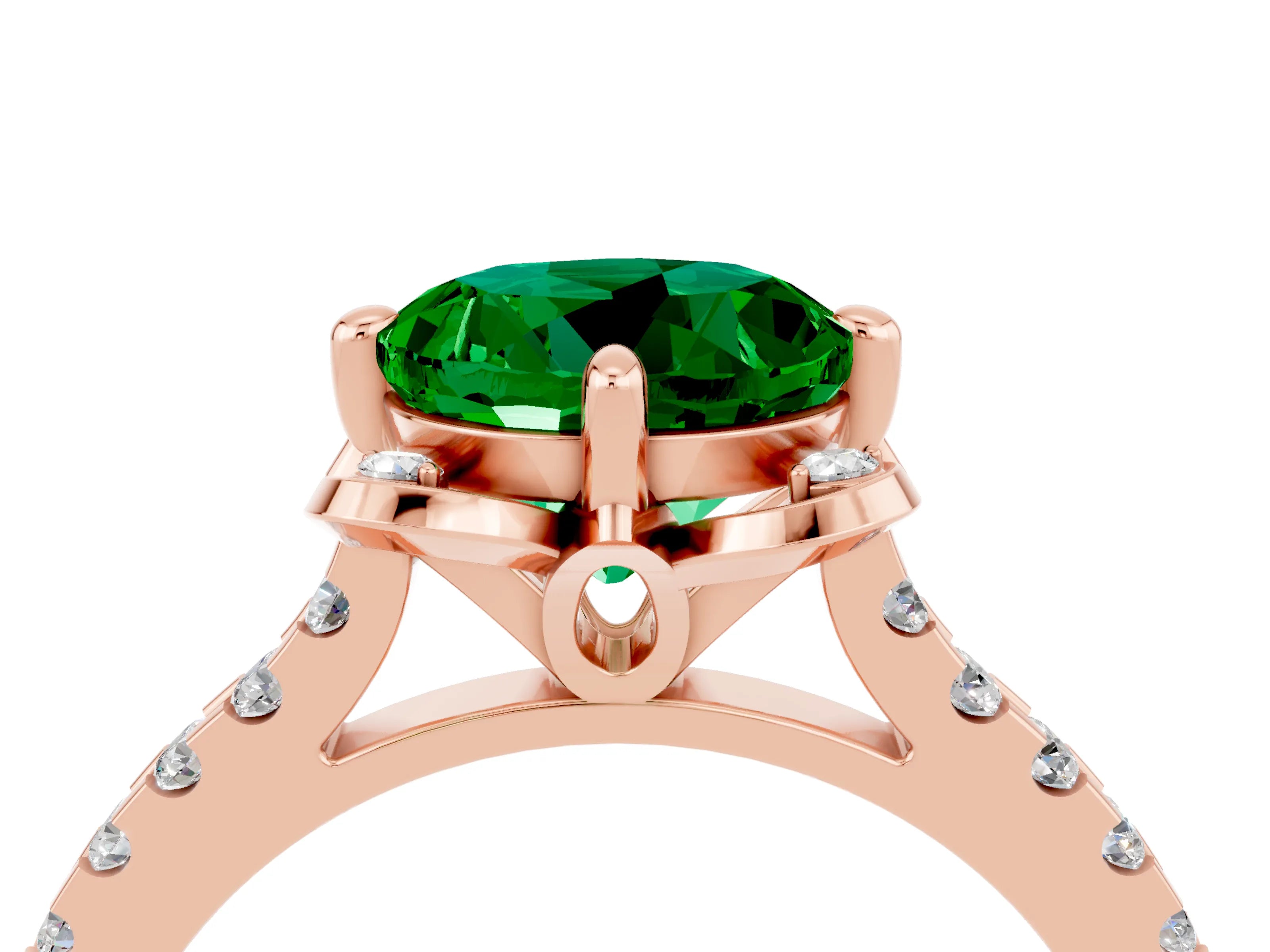 Rose gold Round Cut Emerald Ring with Pavé Band and Floral Prong Setting_4