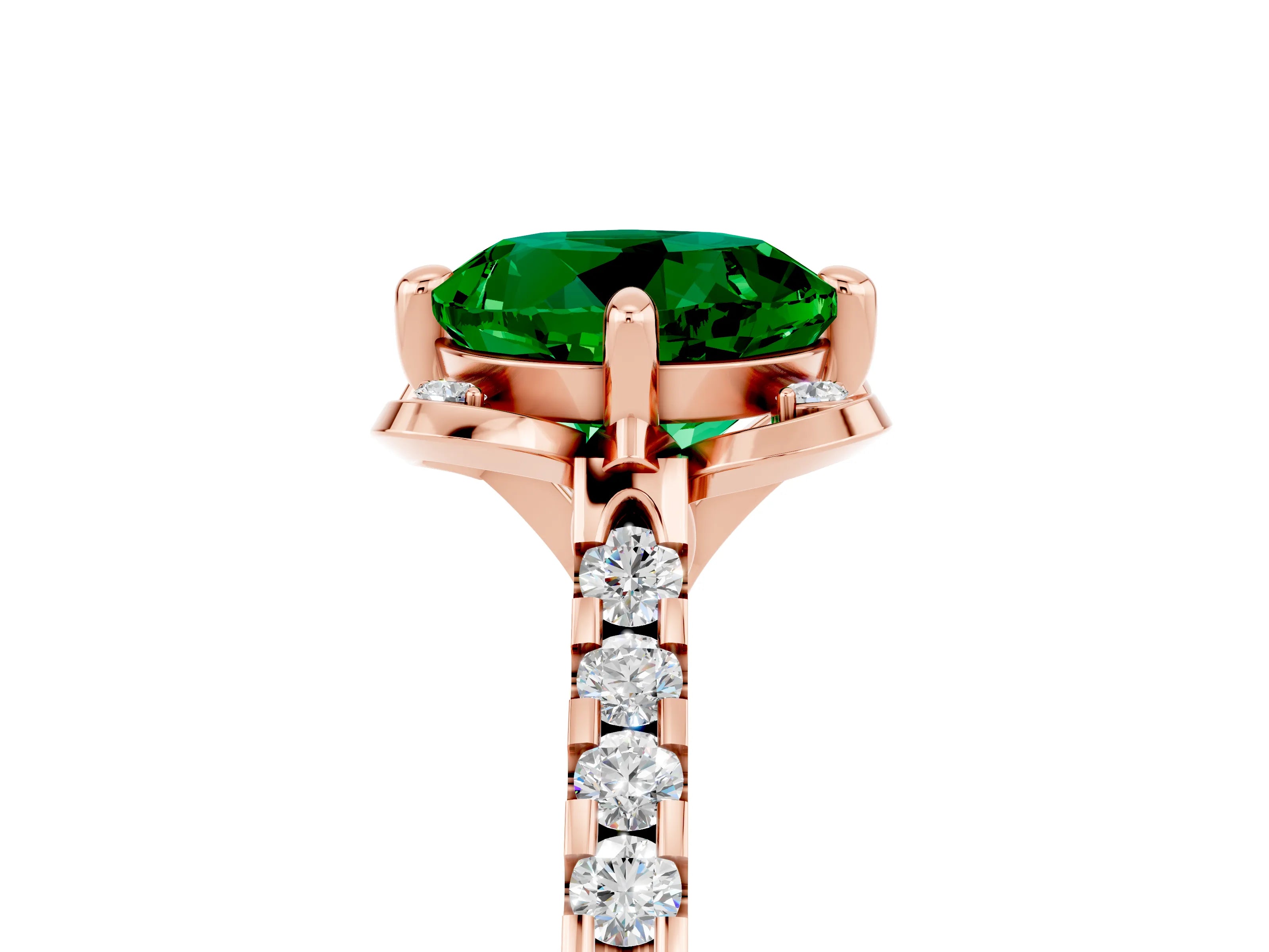 Rose gold Round Cut Emerald Ring with Pavé Band and Floral Prong Setting_5