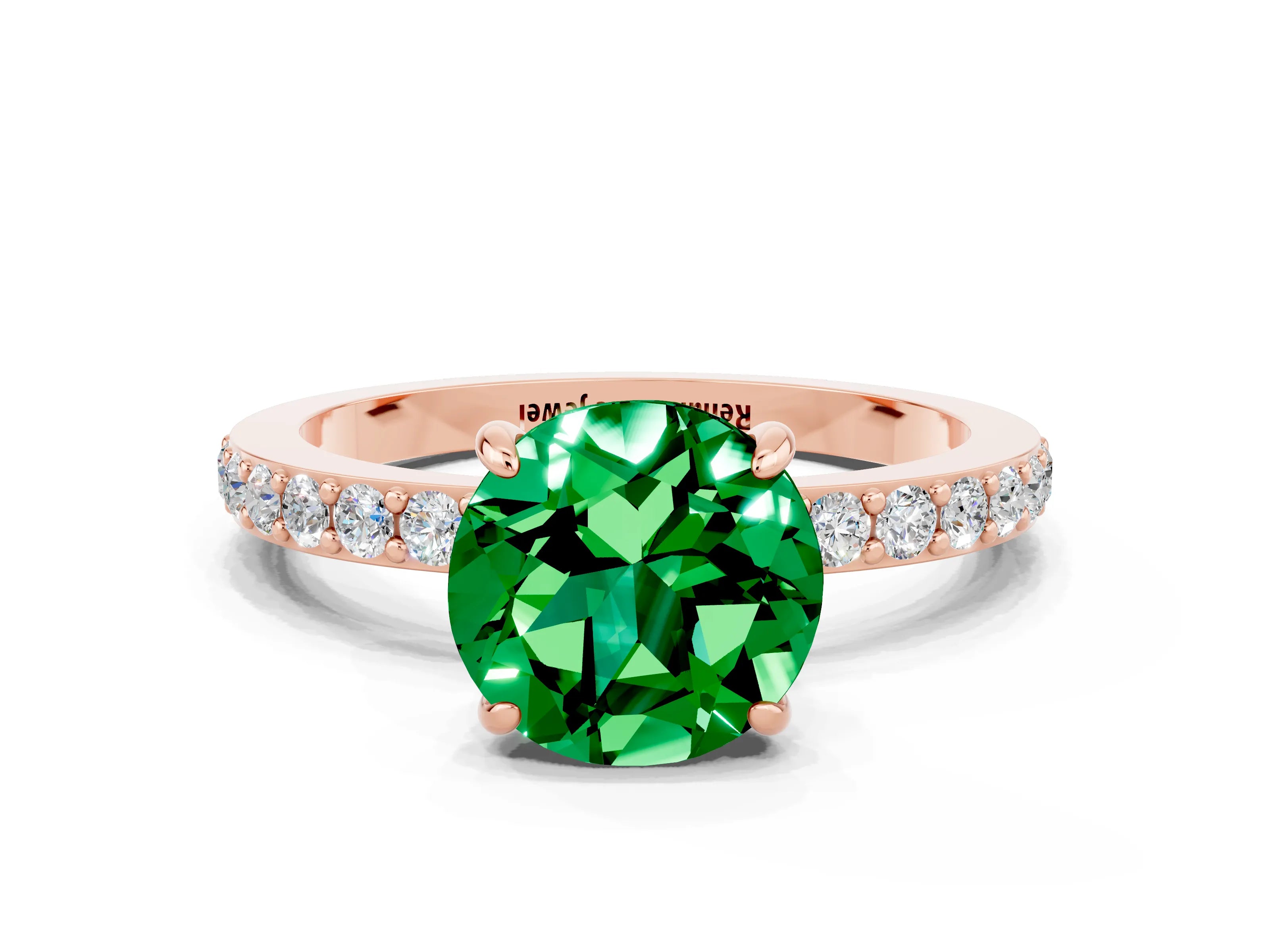 Rose gold Round Cut Emerald Ring with Pavé Band and Four-Prong Setting