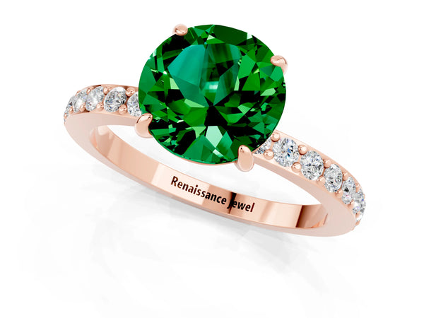 Rose gold Round Cut Emerald Pavé Engagement Ring with Round  Accents and Prong Setting