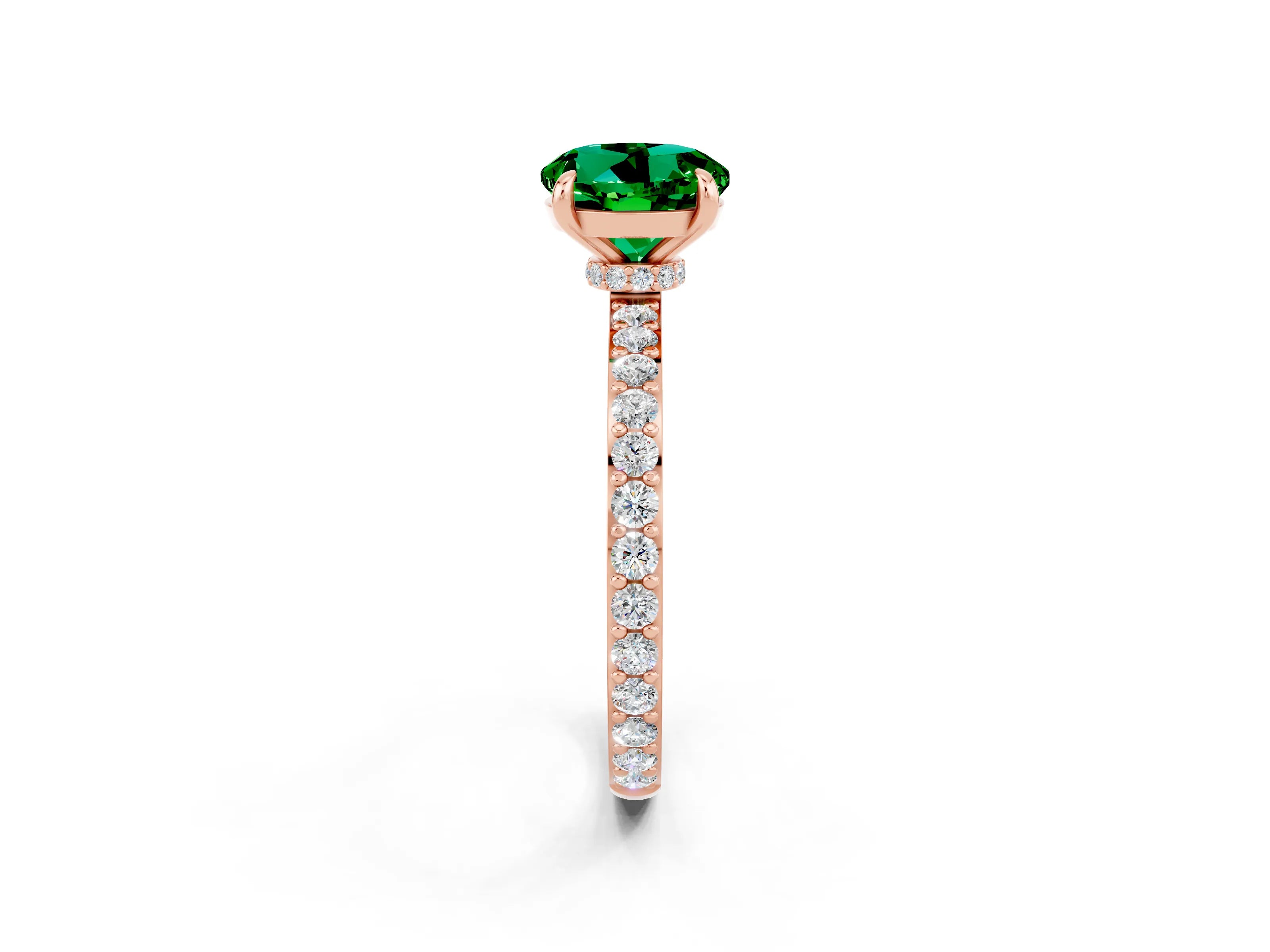 Rose gold Round Cut Emerald Ring with Pavé Band and Four-Prong Setting_2