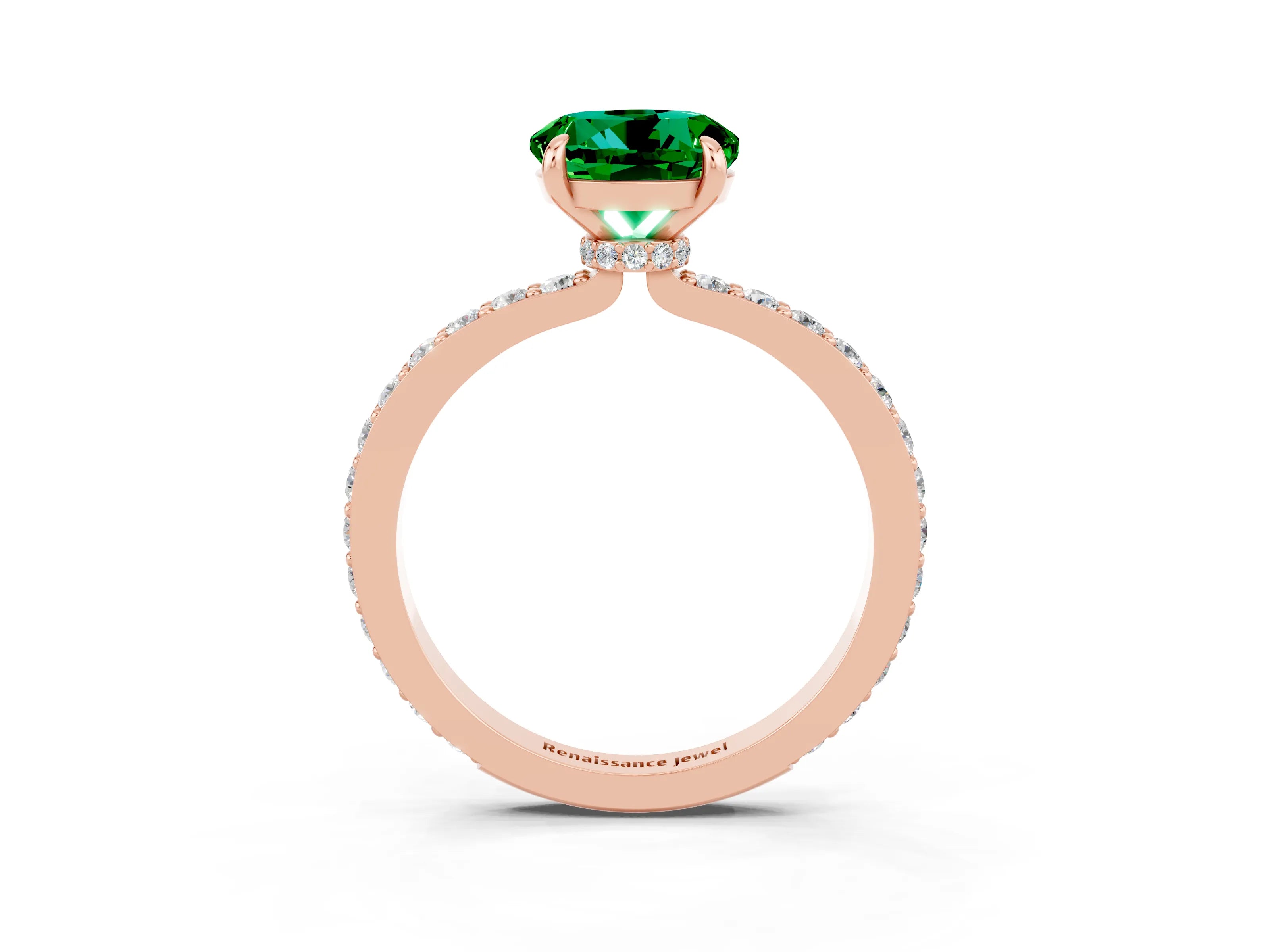 Rose gold Round Cut Emerald Ring with Pavé Band and Four-Prong Setting_3