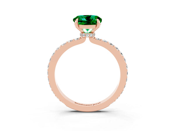 Rose gold Round Cut Emerald Pavé Engagement Ring with Round  Accents and Prong Setting