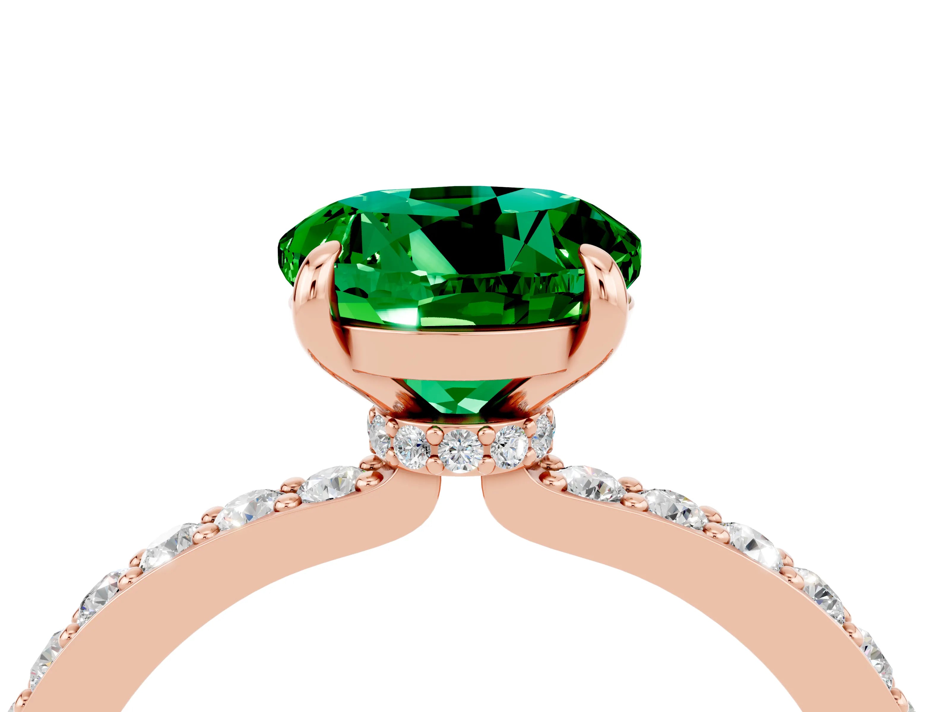 Rose gold Round Cut Emerald Ring with Pavé Band and Four-Prong Setting_4