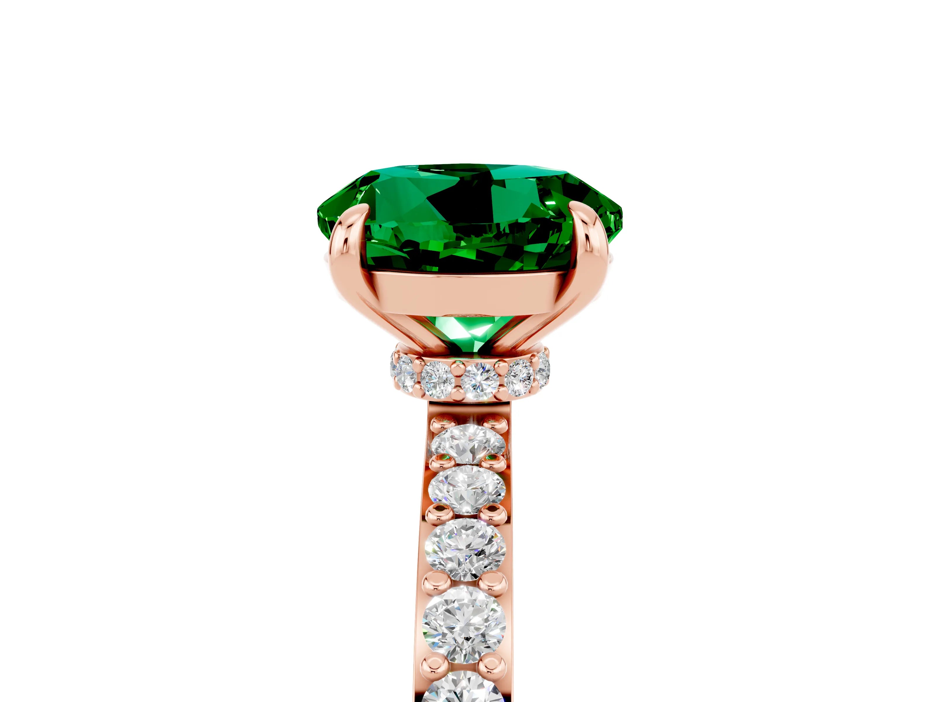 Rose gold Round Cut Emerald Ring with Pavé Band and Four-Prong Setting_5