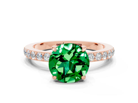 Rose gold Round Cut Emerald Ring with Pavé Band and Four-Prong Setting