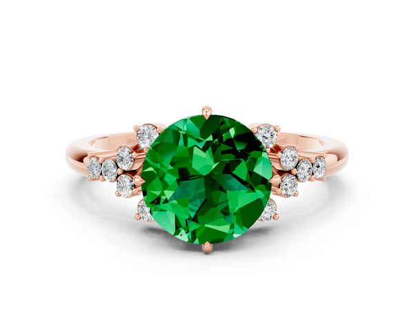 Rose gold Round Cut Emerald Ring with Side Stones and Four-Prong Setting