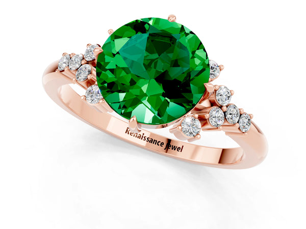 Rose gold Round Cut Emerald Ring with Side Stones and Four-Prong Setting