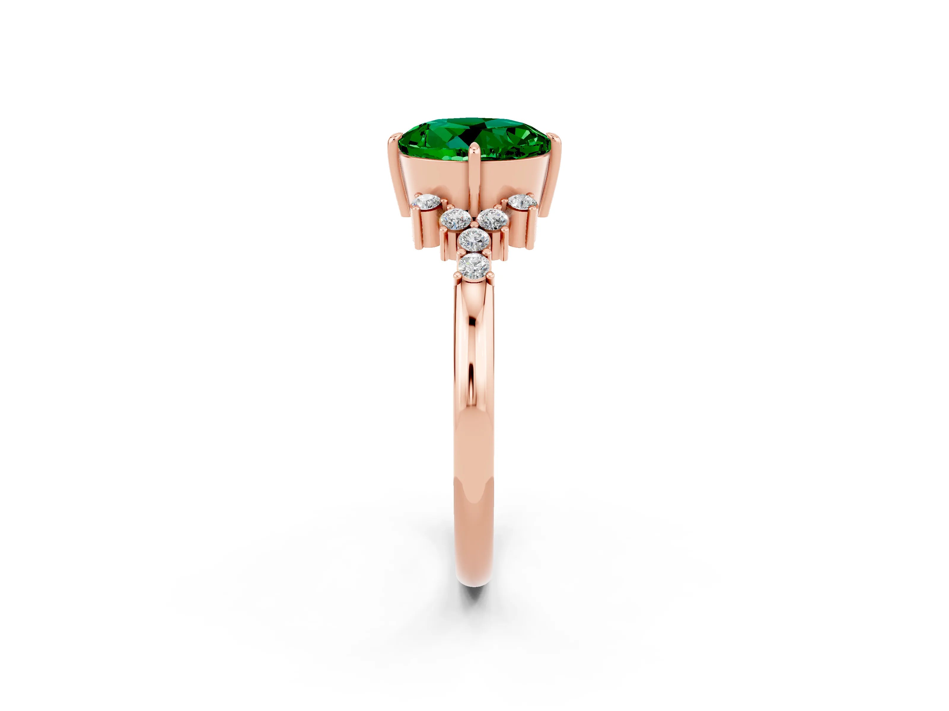 Rose gold Round Cut Emerald Ring with Side Stones and Four-Prong Setting_38