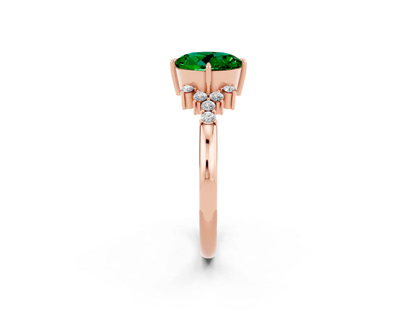 Rose gold Round Cut Emerald Ring with Side Stones and Four-Prong Setting