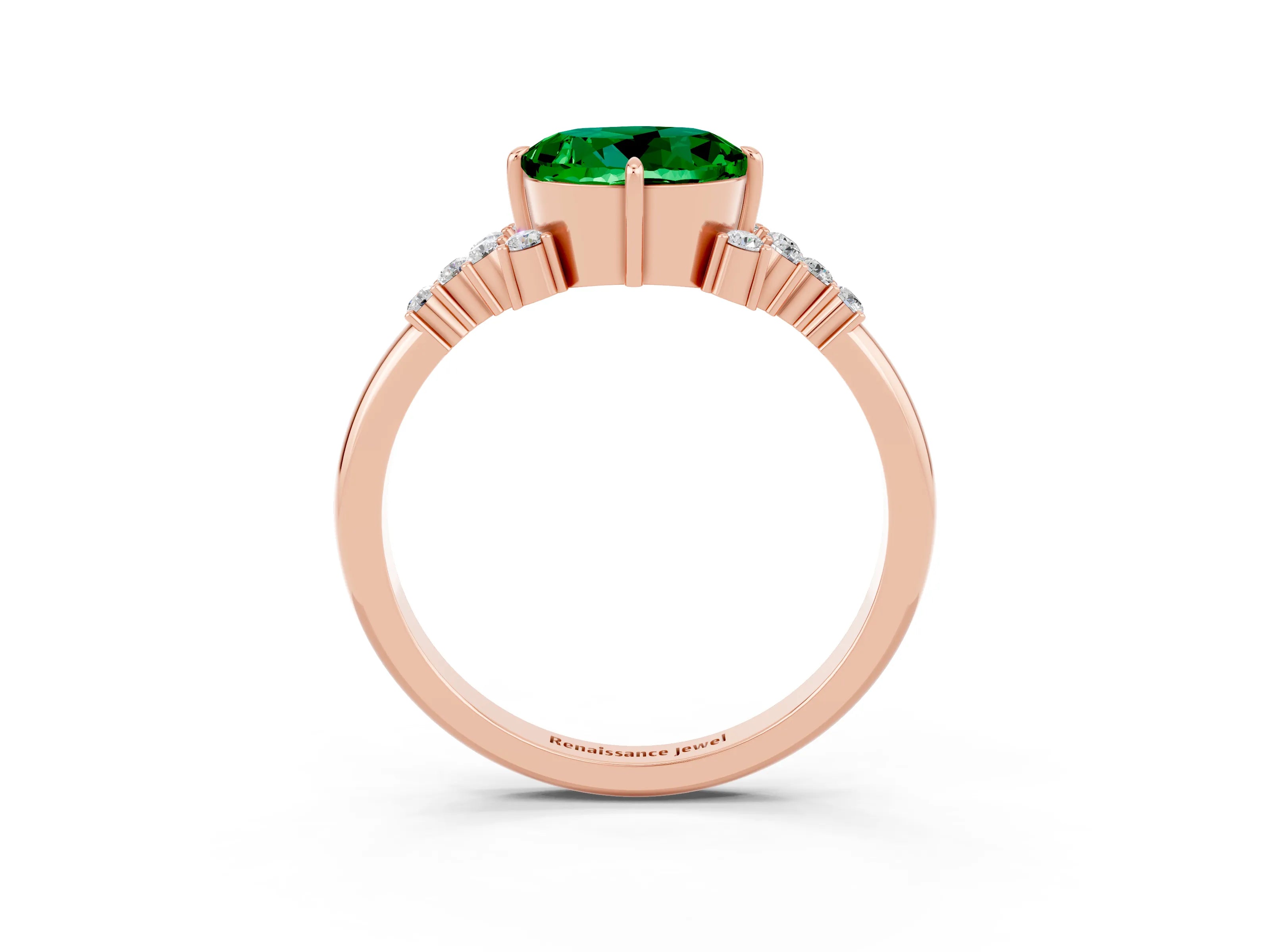 Rose gold Round Cut Emerald Ring with Side Stones and Four-Prong Setting_39