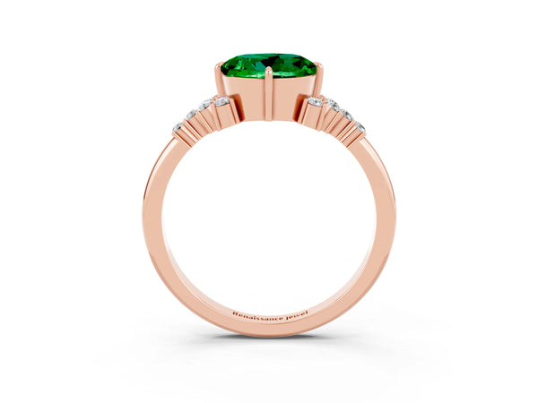 Rose gold Round Cut Emerald Ring with Side Stones and Four-Prong Setting