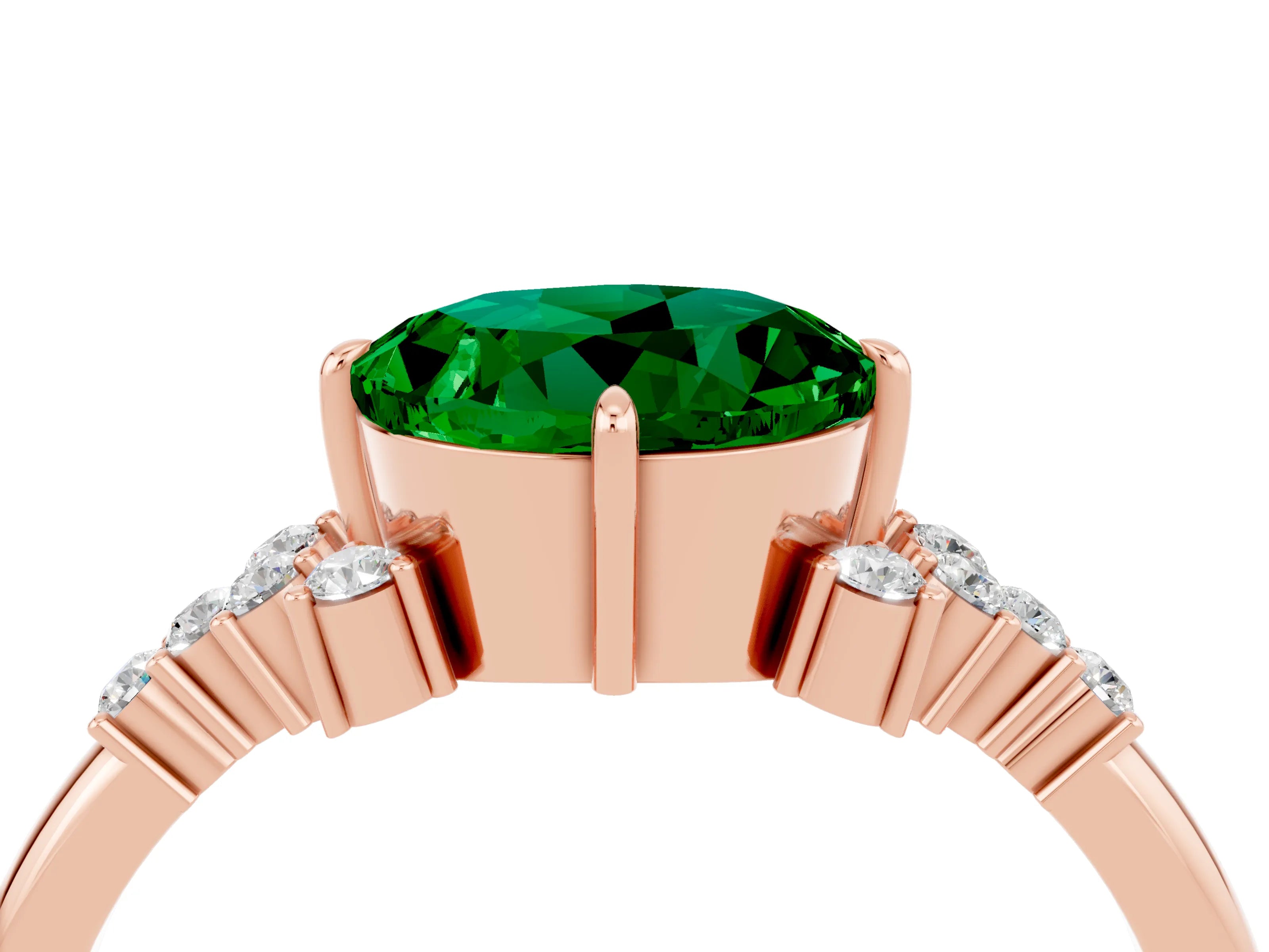 Rose gold Round Cut Emerald Ring with Side Stones and Four-Prong Setting_40