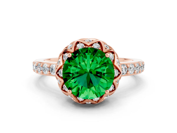 Rose gold Round Cut Emerald Scalloped Halo Engagement Ring with Round Shared Prong Band