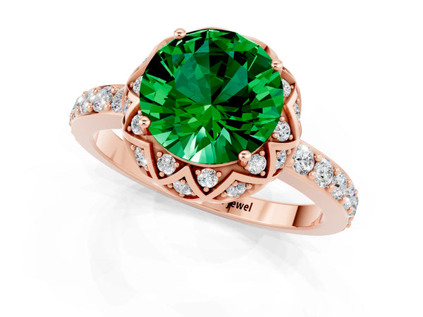 Rose gold Round Cut Emerald Scalloped Halo Engagement Ring with Round Shared Prong Band