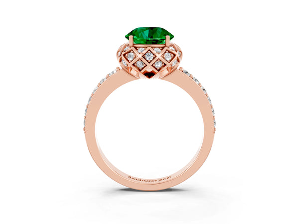 Rose gold Round Cut Emerald Scalloped Halo Engagement Ring with Round Shared Prong Band