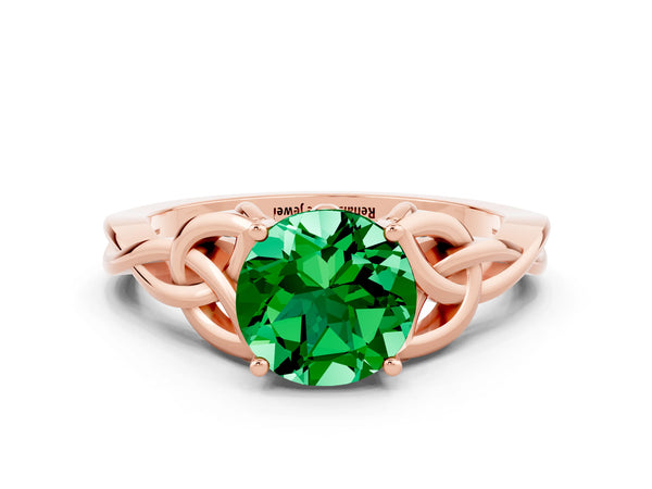Rose gold Round Cut Emerald Solitaire Celtic Knot Ring with Four-Prong Setting