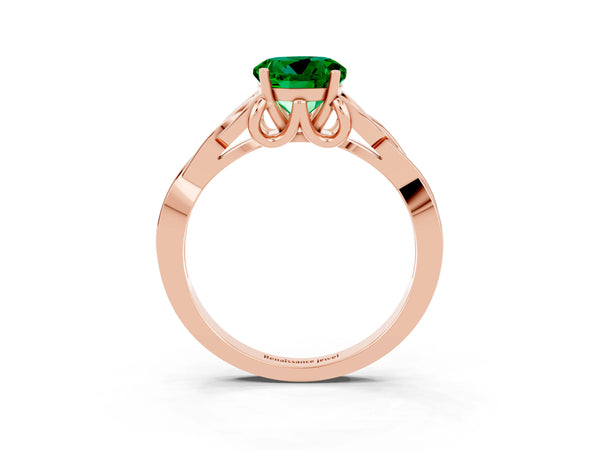 Rose gold Round Cut Emerald Solitaire Celtic Knot Ring with Four-Prong Setting