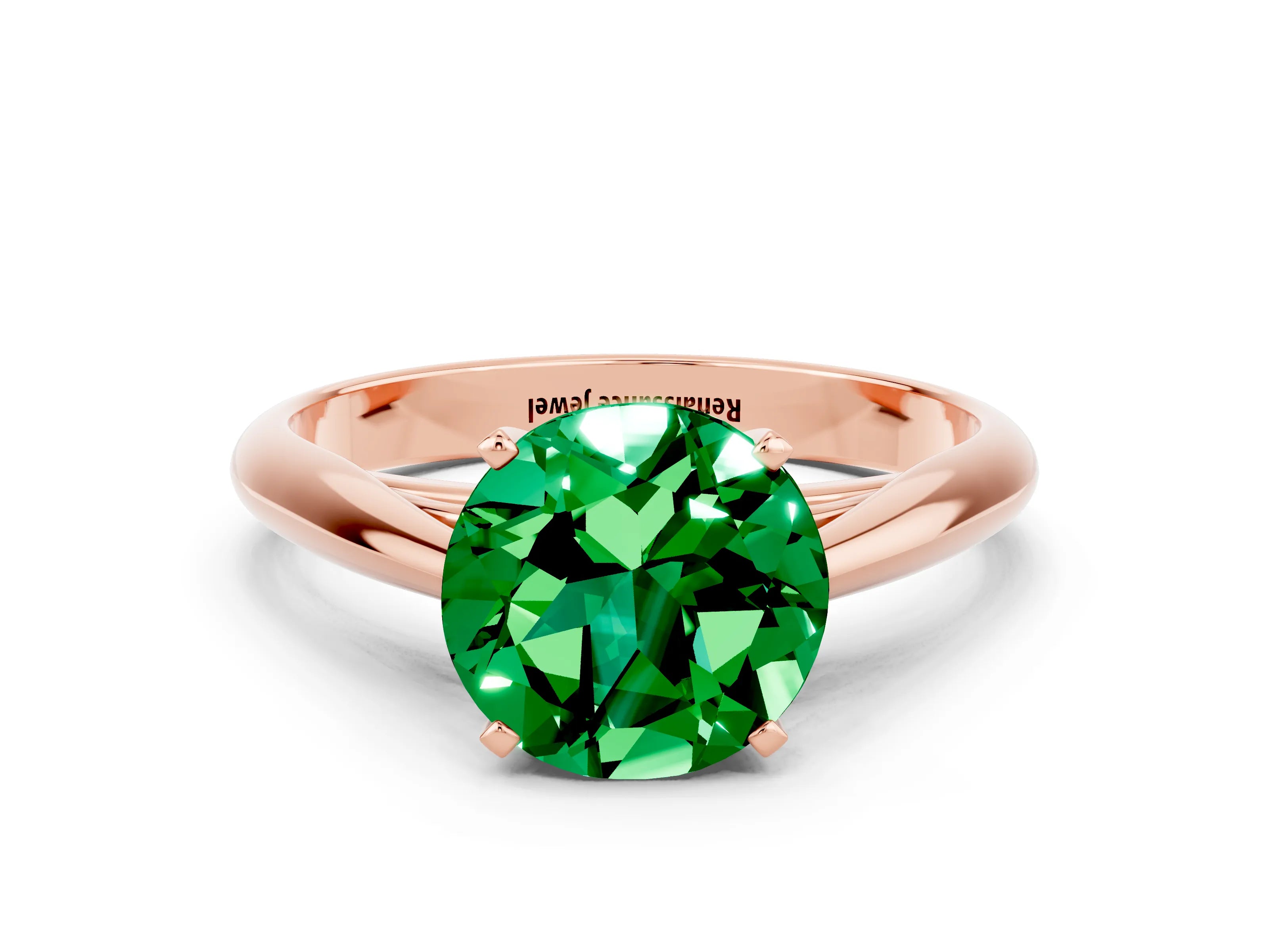 Rose gold Round Cut Emerald Solitaire Engagement Ring with Cathedral Setting and Four-Prong Mount_12