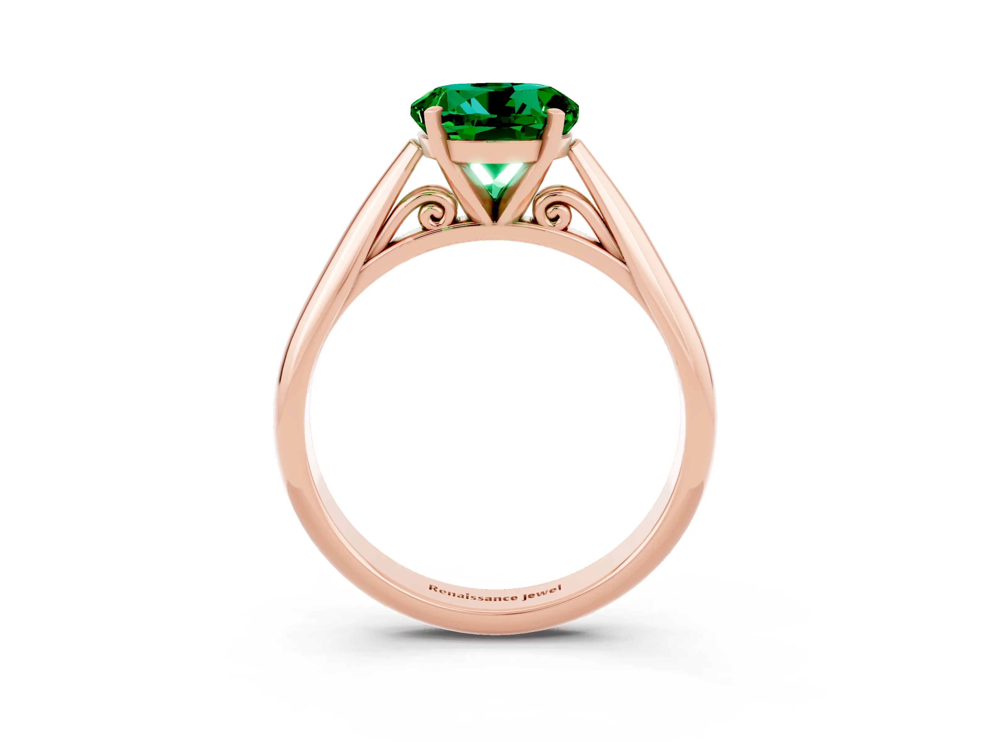 Rose gold Round Cut Emerald Solitaire Engagement Ring with Cathedral Setting and Four-Prong Mount_15