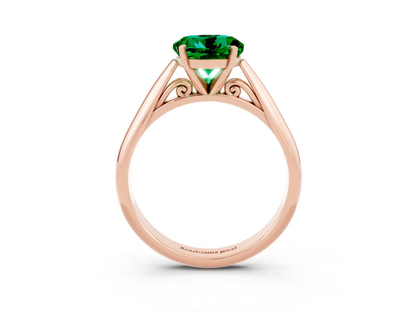 Rose gold Round Cut Emerald Solitaire Engagement Ring with Cathedral Setting and Four-Prong Mount