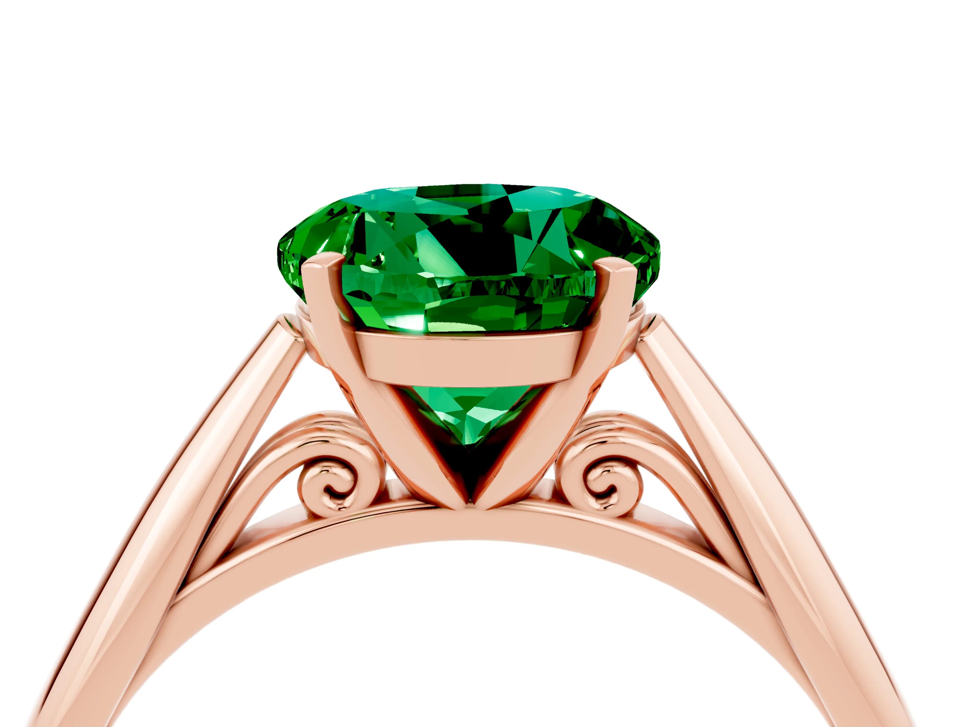 Rose gold Round Cut Emerald Solitaire Engagement Ring with Cathedral Setting and Four-Prong Mount_16