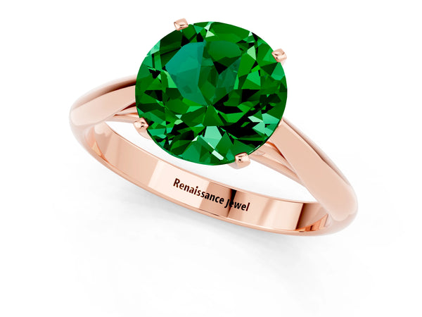 Rose gold Round Cut Emerald Solitaire Engagement Ring with Cathedral Setting and Four-Prong Mount