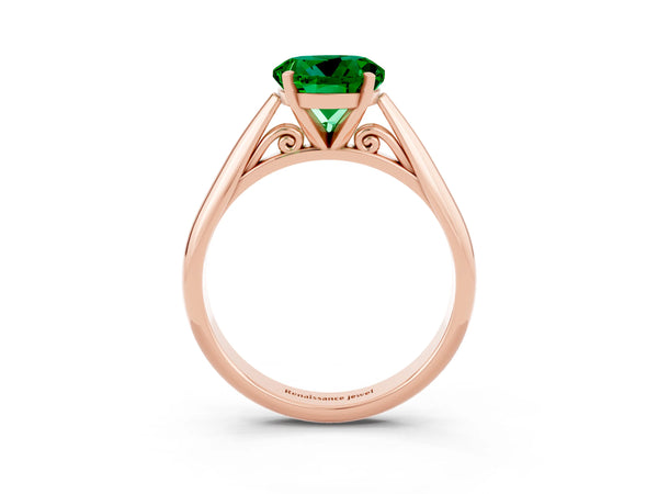 Rose gold Round Cut Emerald Solitaire Engagement Ring with Cathedral Setting and Four-Prong Mount