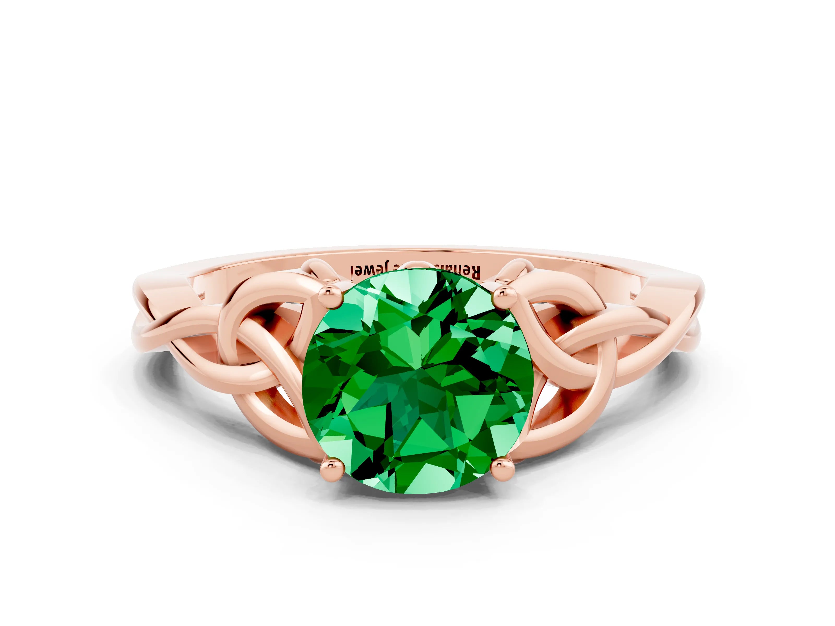 Rose gold Round Cut Emerald Solitaire Engagement Ring with Celtic Knot Band and Four-Prong Setting