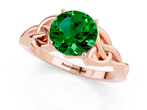 Rose gold Round Cut Emerald Solitaire Engagement Ring with Celtic Knot Band and Four-Prong Setting_1