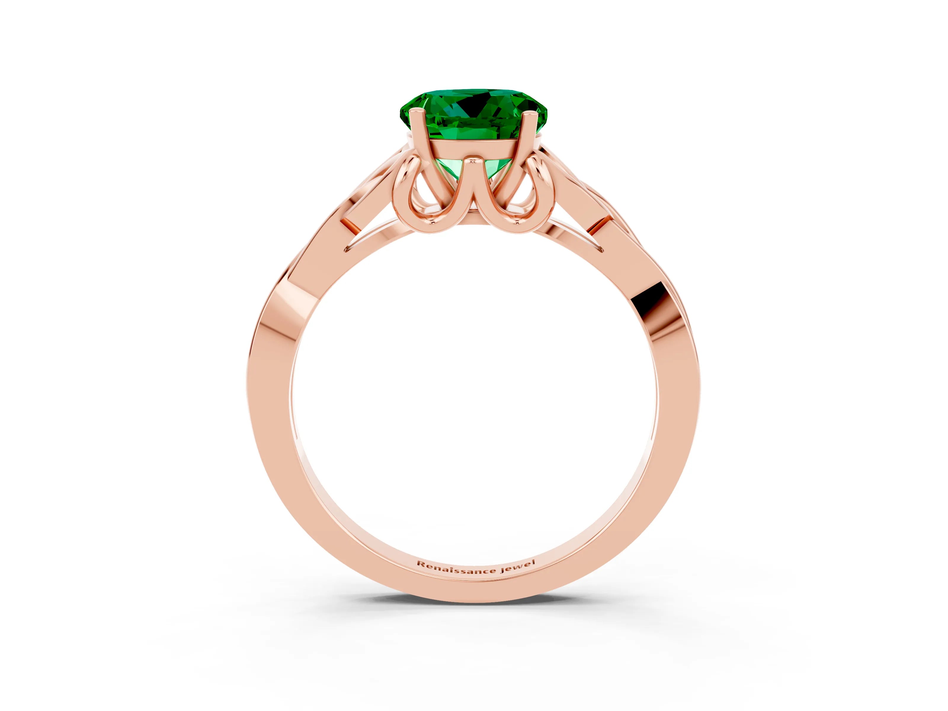 Rose gold Round Cut Emerald Solitaire Engagement Ring with Celtic Knot Band and Four-Prong Setting_3