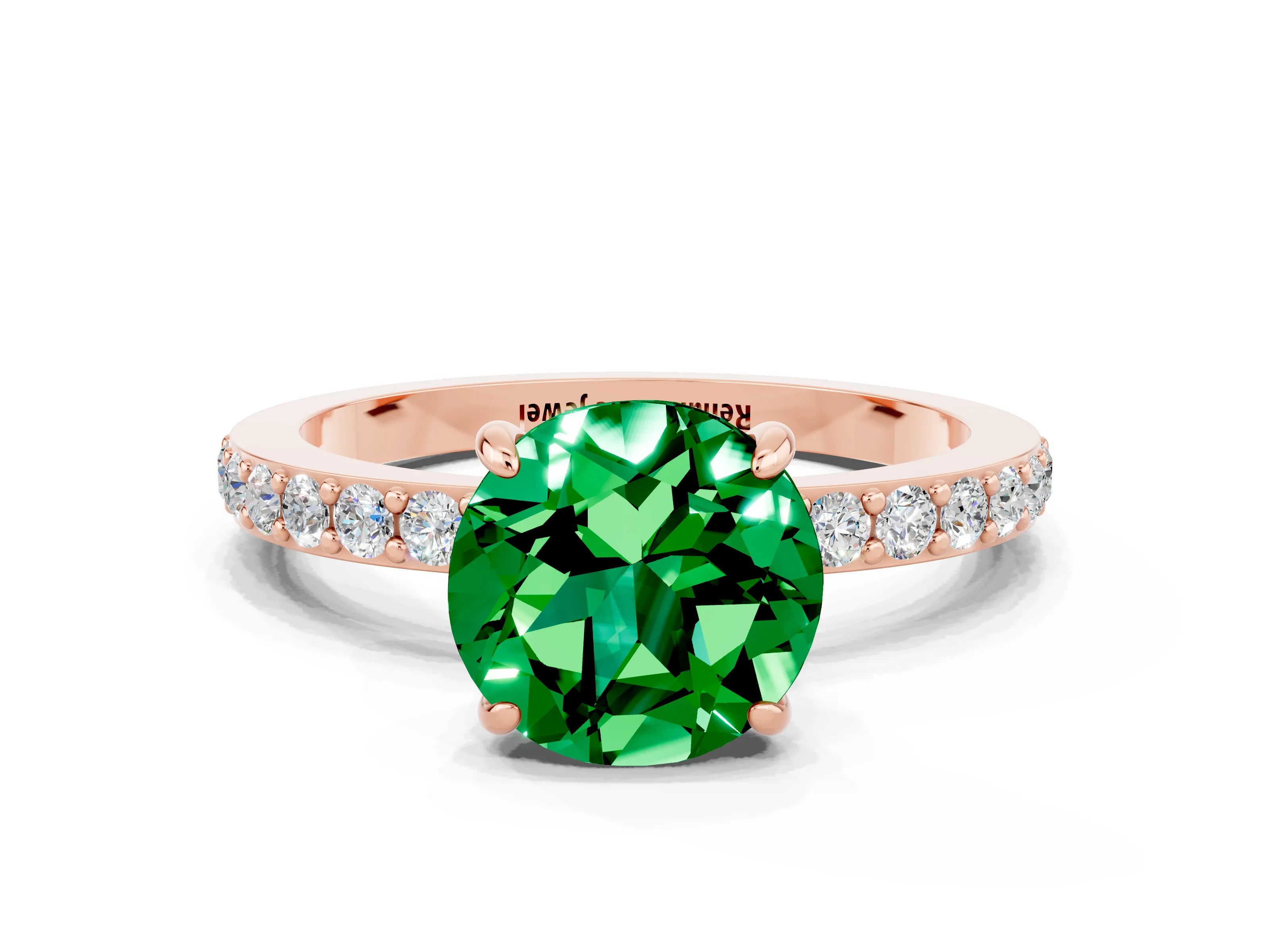 Rose gold Round Cut Emerald Solitaire Engagement Ring with Pavé Band and Four-Prong Setting