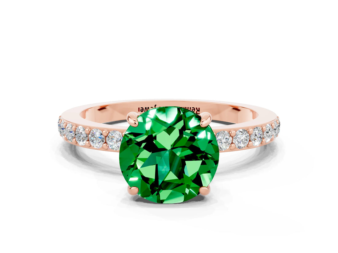 Rose gold Round Cut Emerald Solitaire Engagement Ring with Pavé Band and Four-Prong Setting