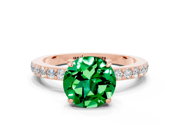 Rose gold Round Cut Emerald Solitaire Engagement Ring with Pavé Band and Four-Prong Setting