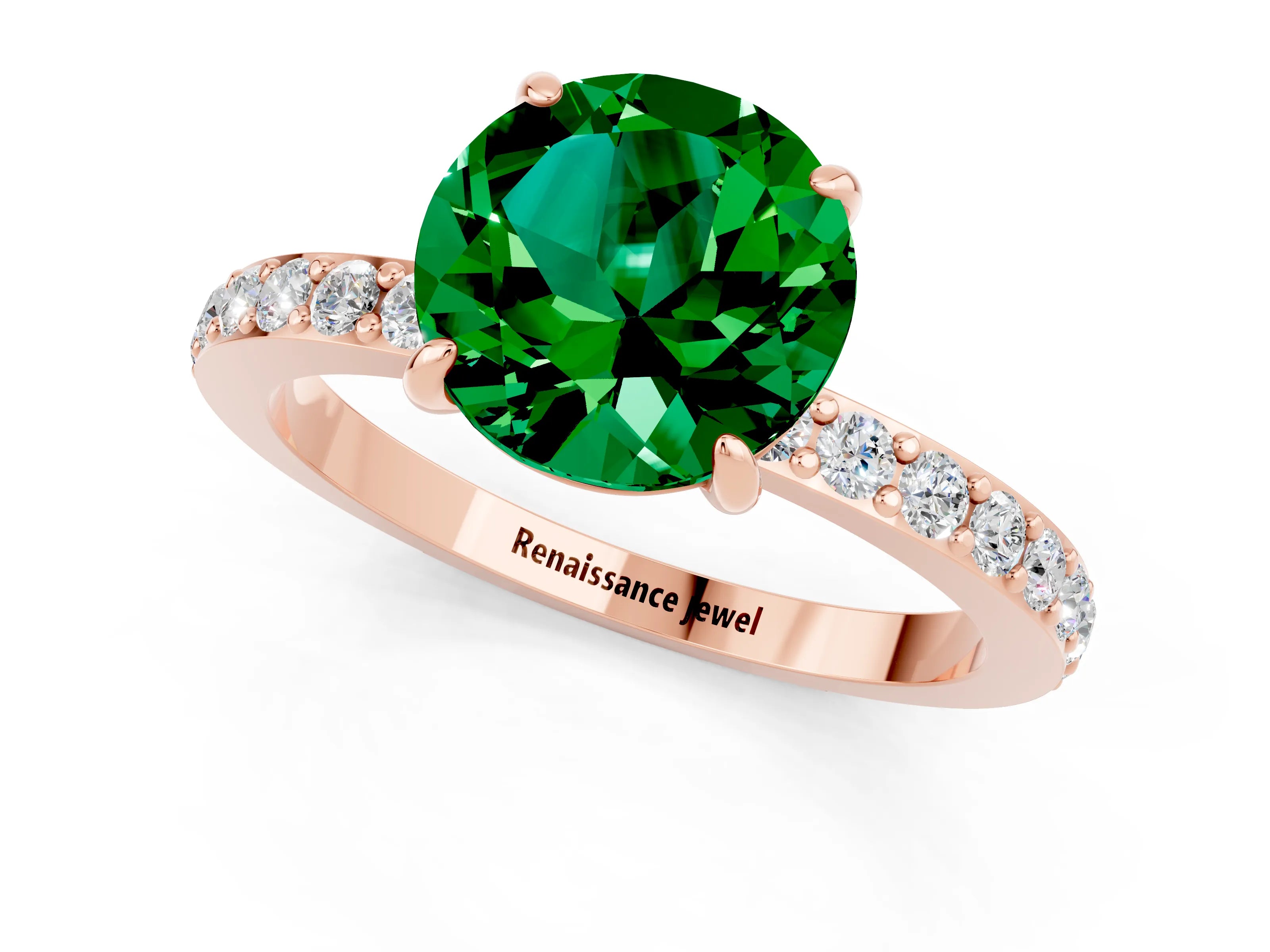 Rose gold Round Cut Emerald Solitaire Engagement Ring with Pavé Band and Four-Prong Setting_1