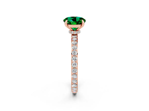 Rose gold Round Cut Emerald Solitaire Engagement Ring with Pavé Band and Four-Prong Setting