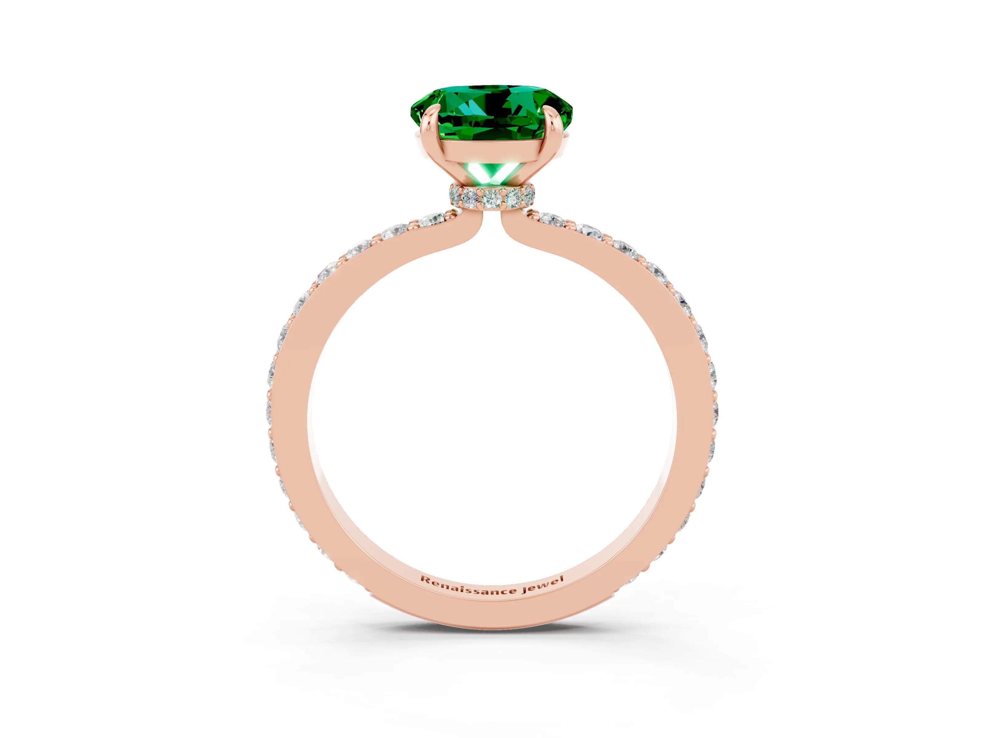 Rose gold Round Cut Emerald Solitaire Engagement Ring with Pavé Band and Four-Prong Setting_3