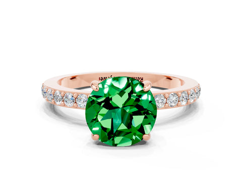 Rose gold Round Cut Emerald Solitaire Engagement Ring with Pavé Band and Four-Prong Setting