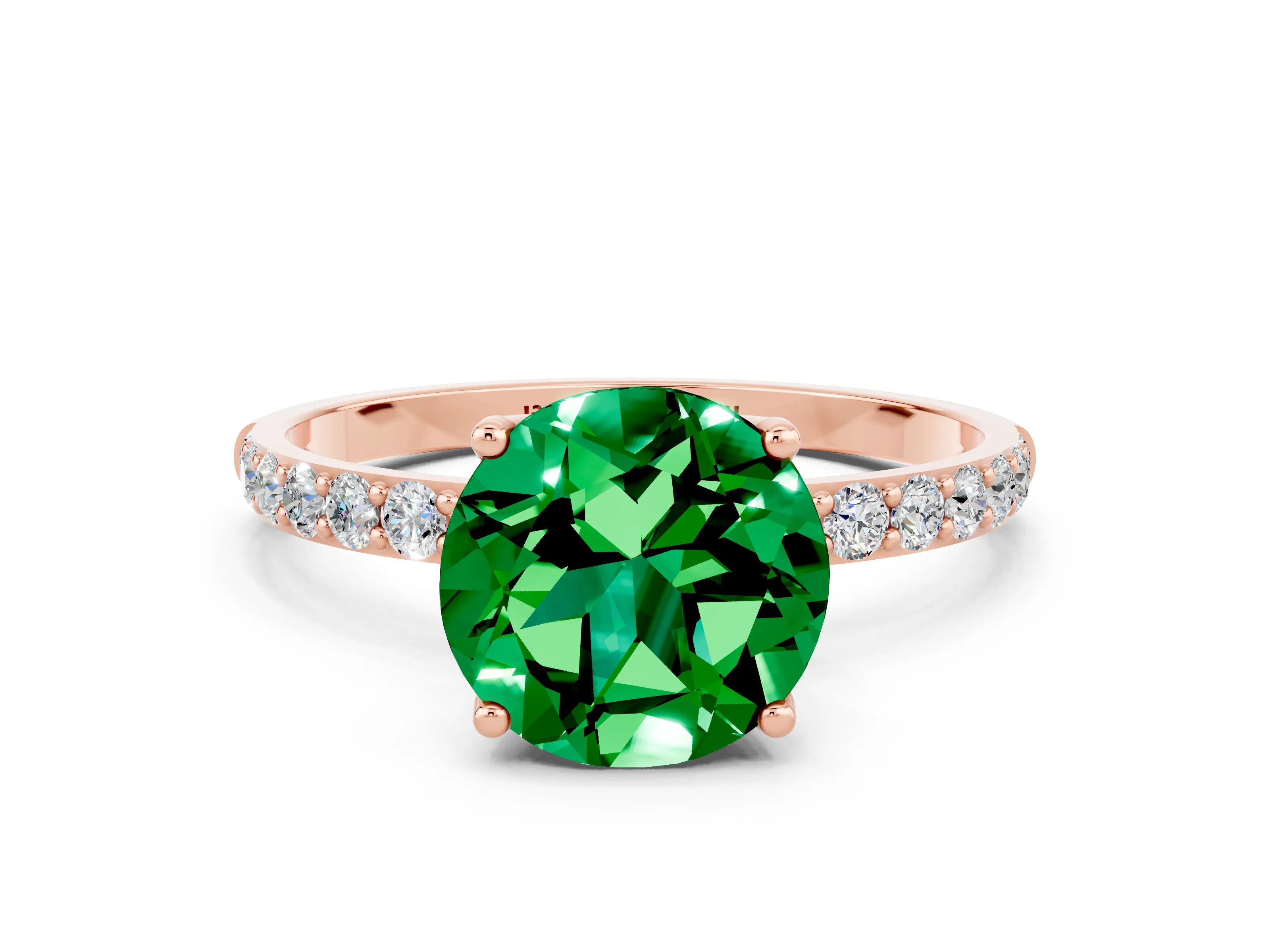 Rose gold Round Cut Emerald Solitaire Engagement Ring with Pavé Band and Prong Setting