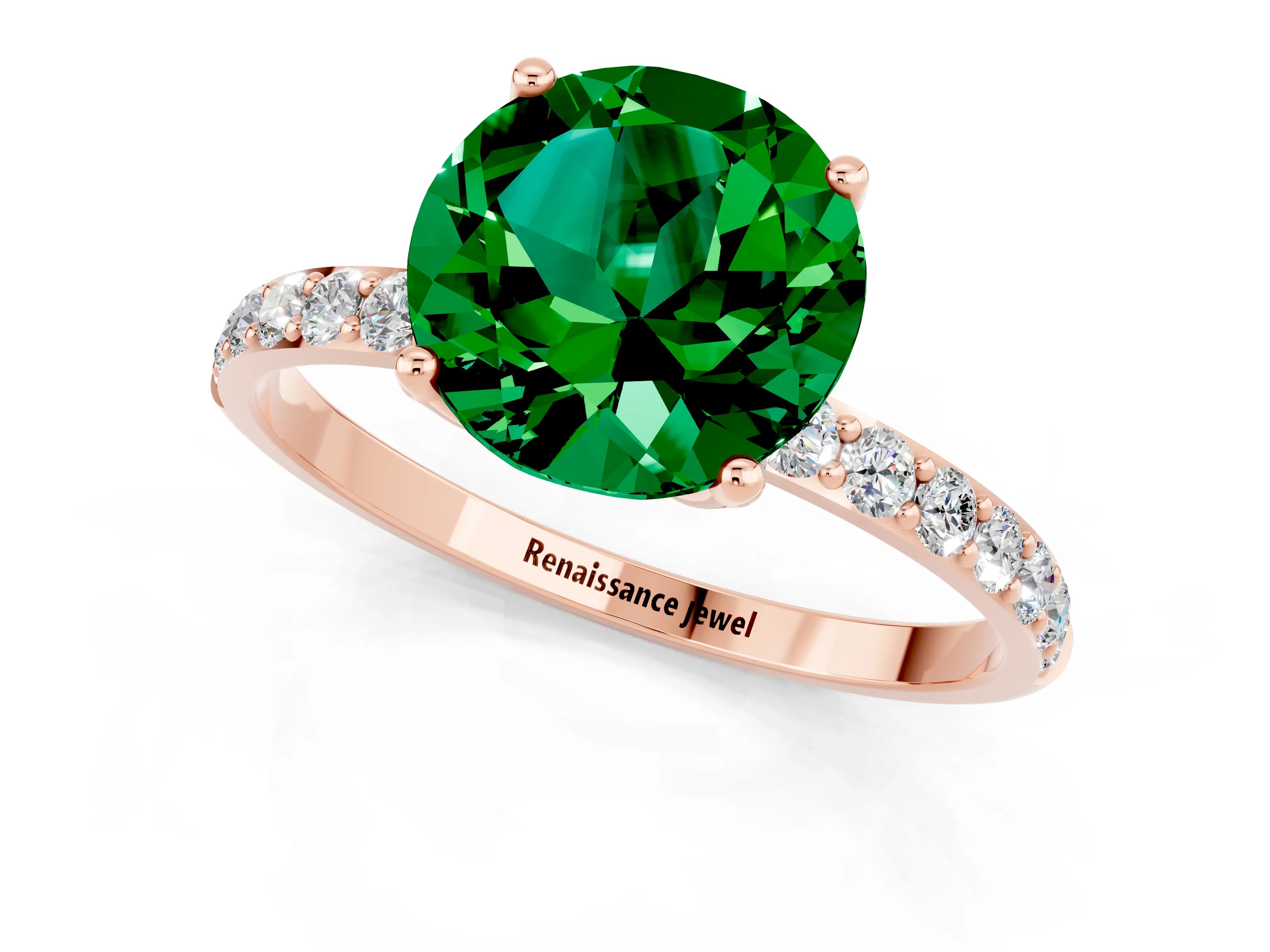 Rose gold Round Cut Emerald Solitaire Engagement Ring with Pavé Band and Prong Setting_1