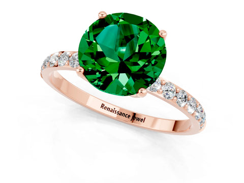 Rose gold Round Cut Emerald Solitaire Engagement Ring with Pavé Band and Prong Setting_1