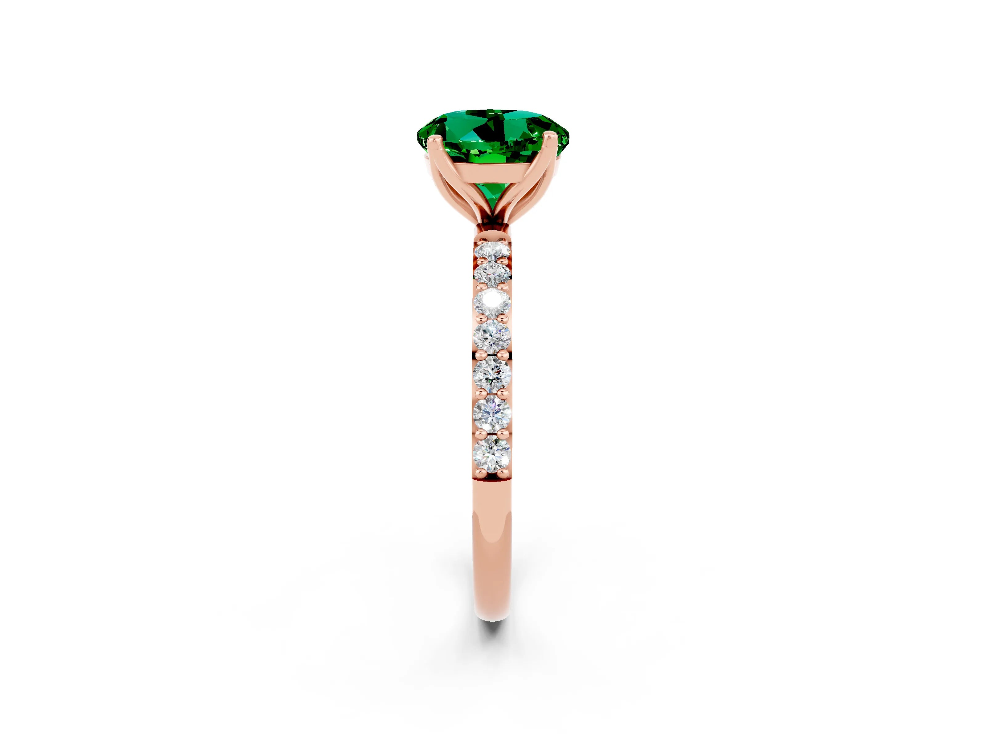 Rose gold Round Cut Emerald Solitaire Engagement Ring with Pavé Band and Prong Setting_2