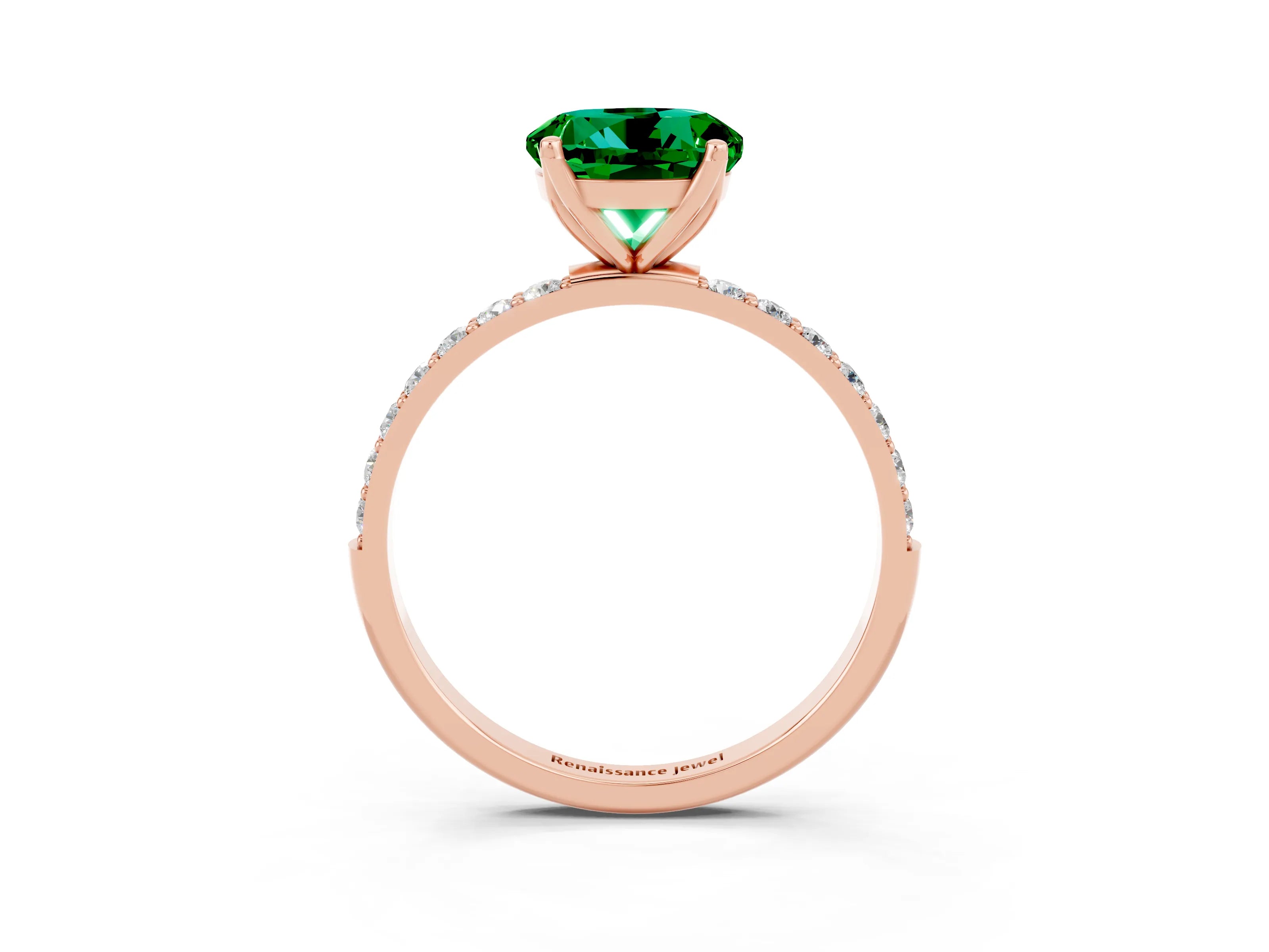 Rose gold Round Cut Emerald Solitaire Engagement Ring with Pavé Band and Prong Setting_3
