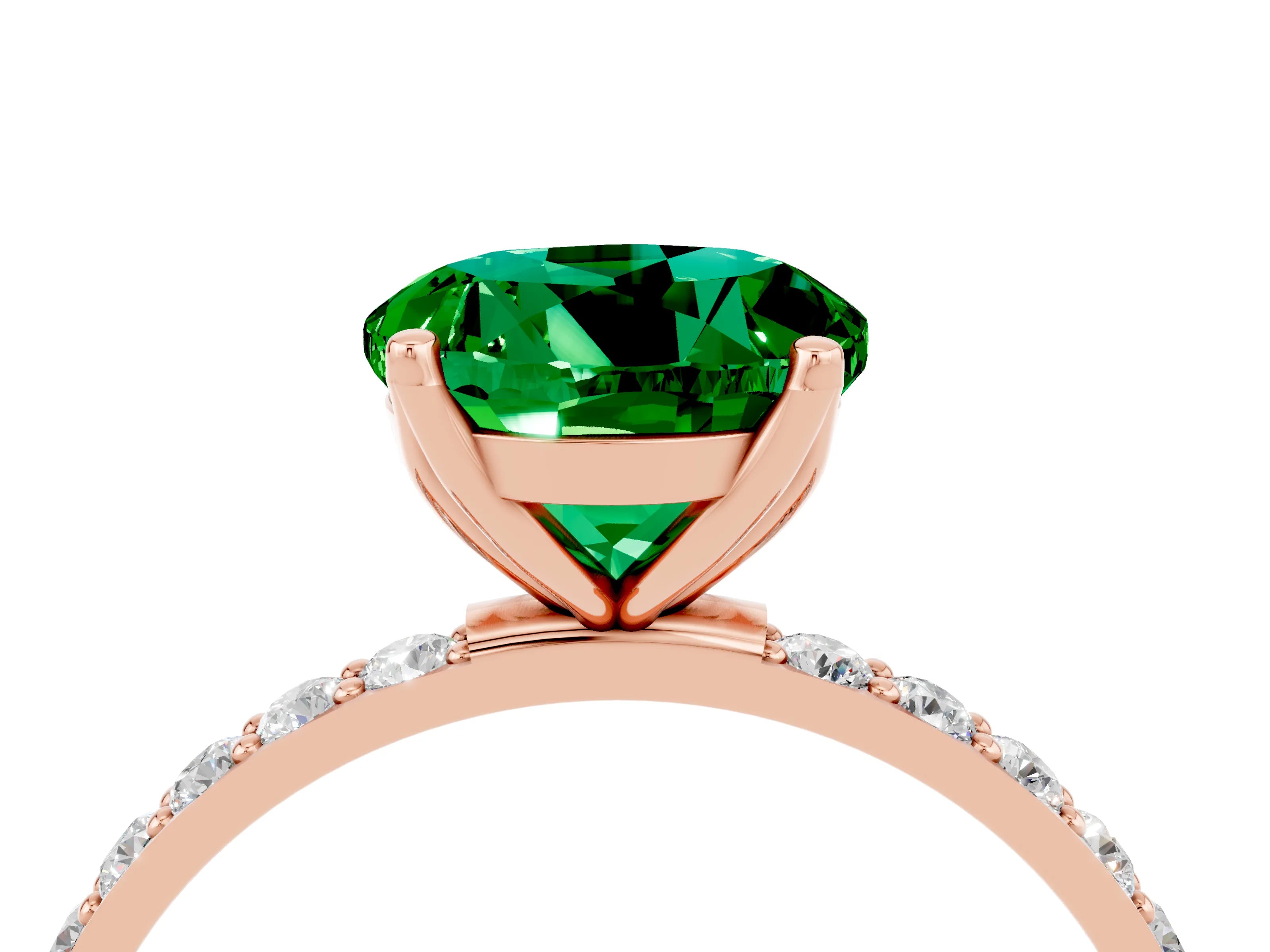 Rose gold Round Cut Emerald Solitaire Engagement Ring with Pavé Band and Prong Setting_4