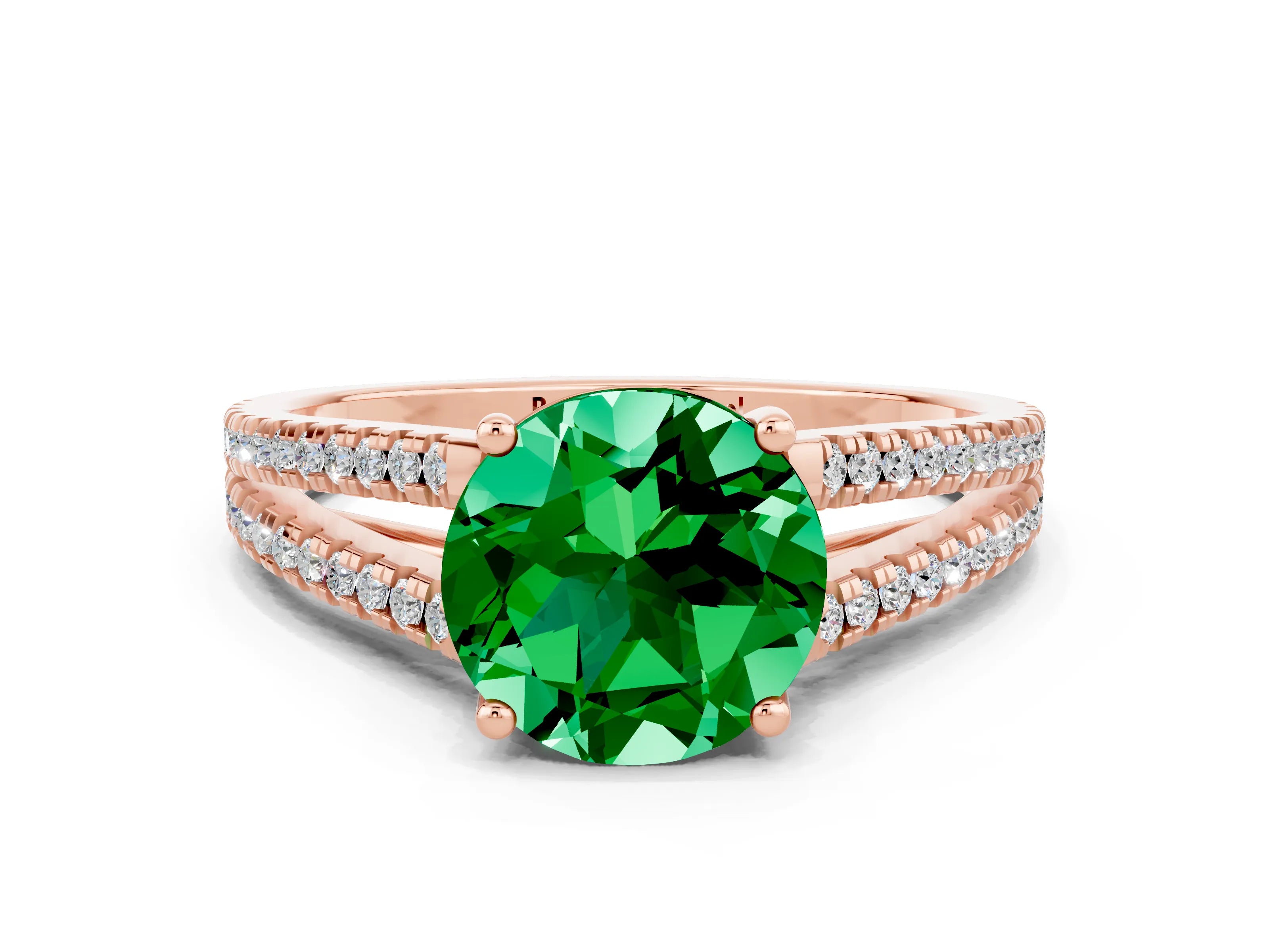 Rose gold Round Cut Emerald Solitaire Engagement Ring with Split Shank Pavé Band