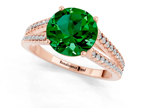 Rose gold Round Cut Emerald Solitaire Engagement Ring with Split Shank Pavé Band_1