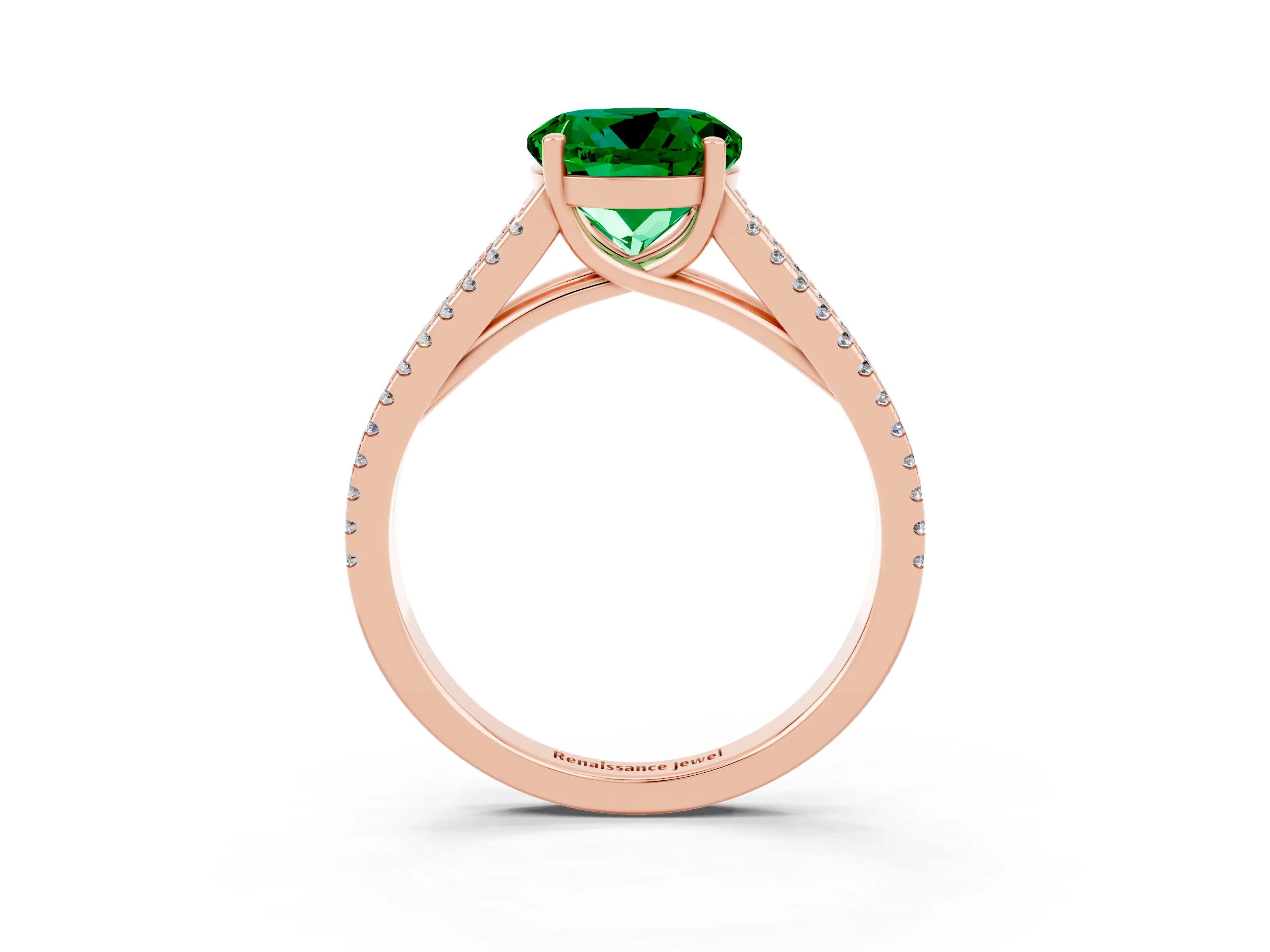 Rose gold Round Cut Emerald Solitaire Engagement Ring with Split Shank Pavé Band_3