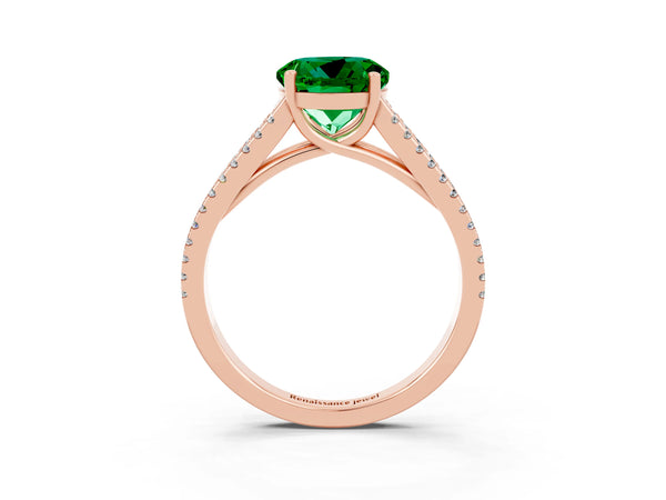 Rose gold Round Cut Emerald Solitaire Engagement Ring with Split Shank Pavé Band