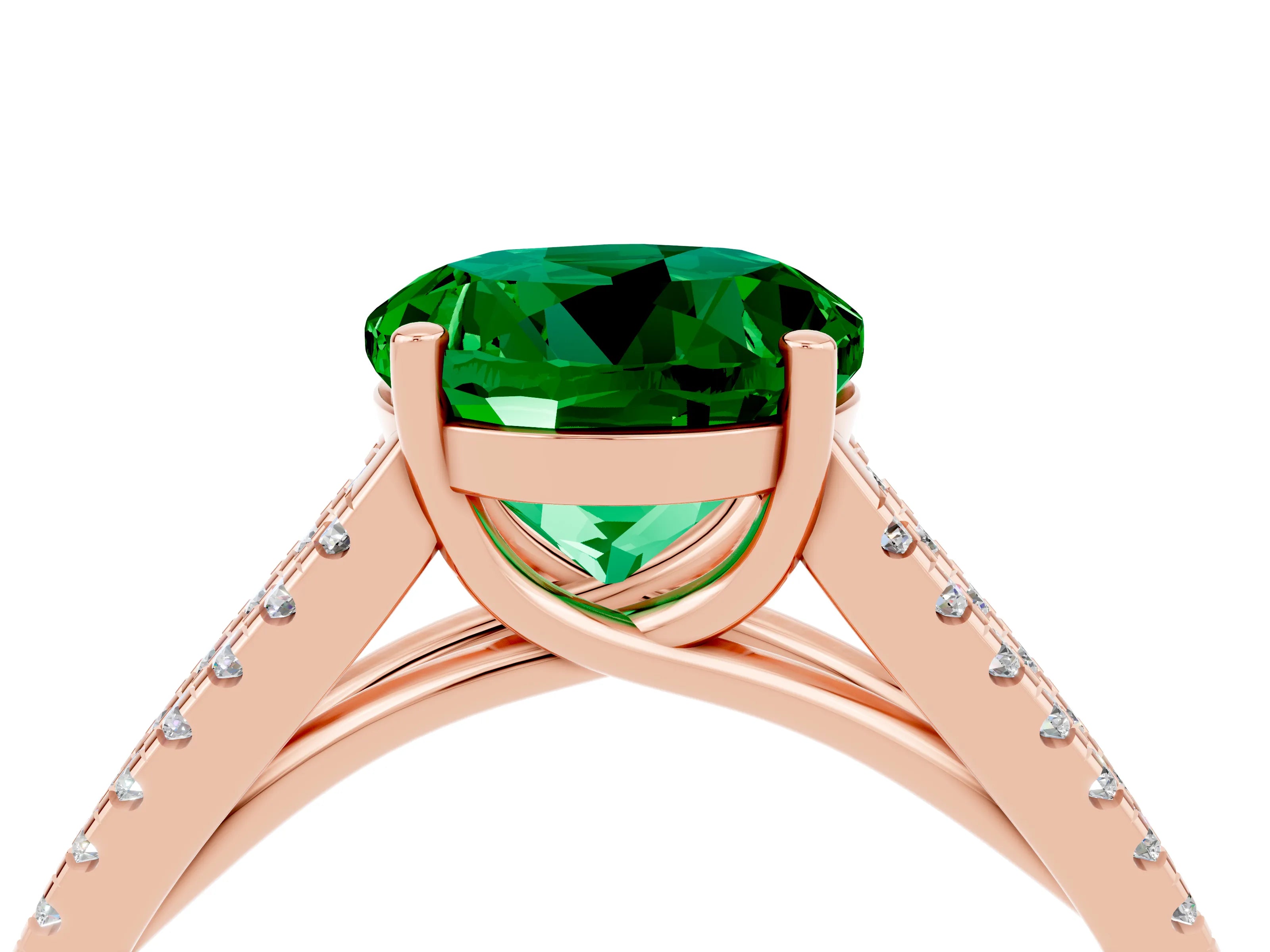 Rose gold Round Cut Emerald Solitaire Engagement Ring with Split Shank Pavé Band_4
